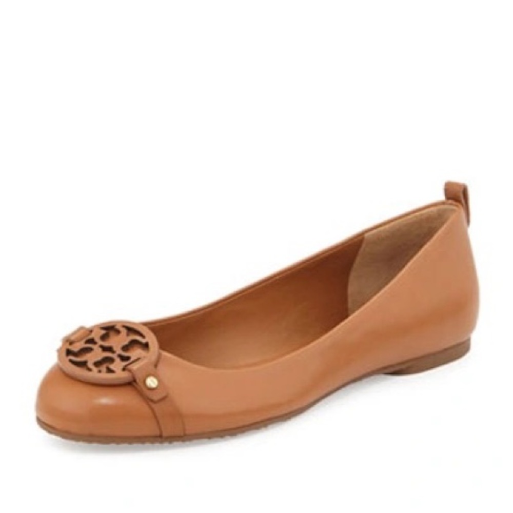 Tory Burch Mini Miller Leather Logo Flat Tan Size 7
